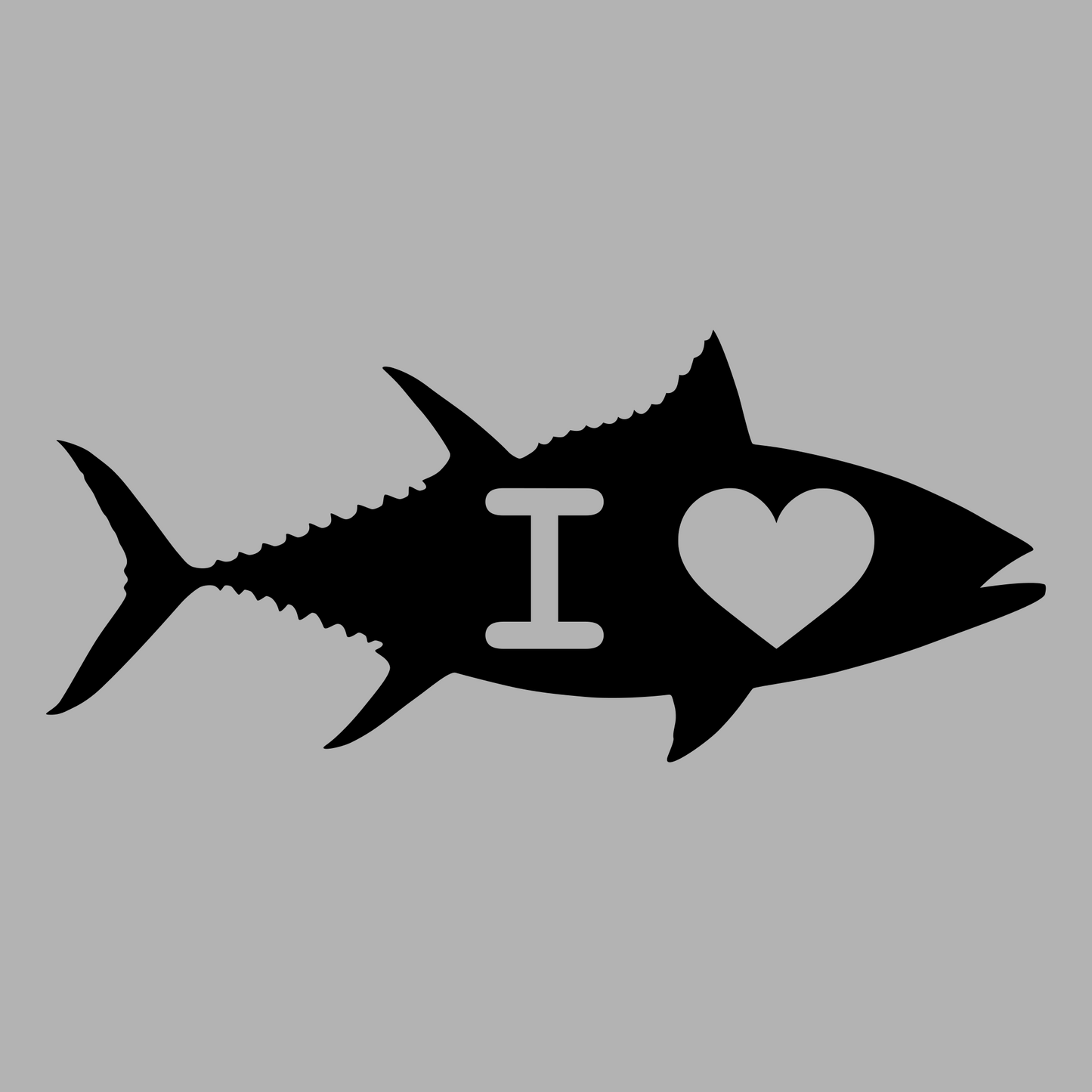 A detailed vinyl decal featuring a bluefin tuna silhouette. I love bluefin. Premium outdoor vinyl. Made in the USA.