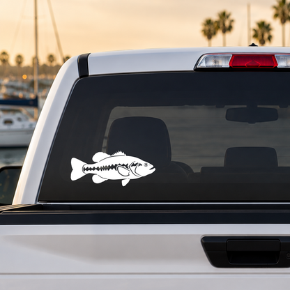 White Largemouth Bass vinyl decal featuring a detailed silhouette of the freshwater gamefish applied to the rear window of a truck. Original Keeper Designs freshwater fishing artwork. Made in the USA.