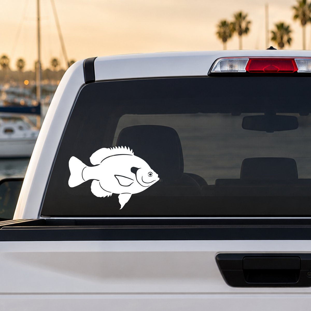 White Bluegill detailed silhouette vinyl decal applied to a truck rear window. Original Keeper Designs freshwater fishing artwork. Made in the USA.