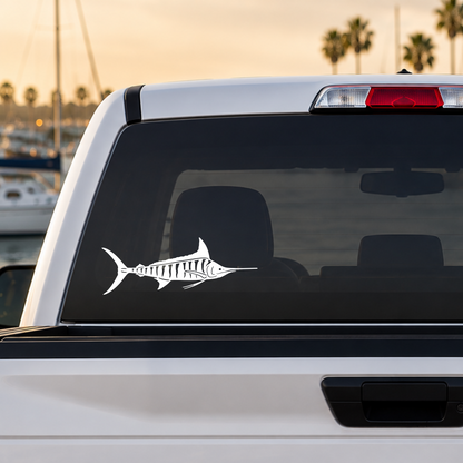 White Striped Marlin detailed silhouette vinyl decal applied to a truck rear window. Original Keeper Designs artwork. Made in the USA.