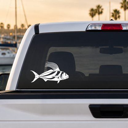 White Roosterfish detailed silhouette vinyl decal applied to a truck rear window. Original Keeper Designs artwork. Made in the USA.
