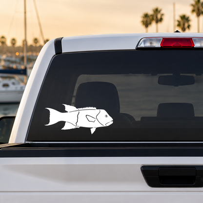 White California Sheephead detailed silhouette vinyl decal applied to a truck rear window. Original Keeper Designs artwork. Made in the USA.